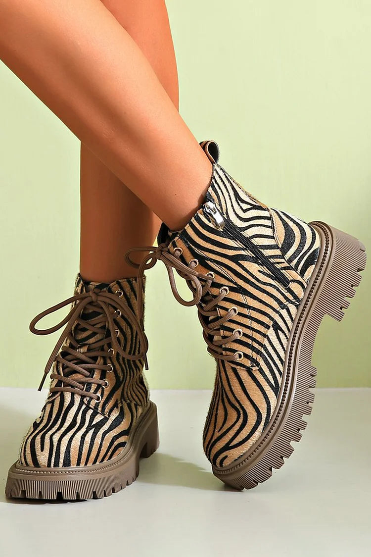 Cecily Women's Zebra Print Lace Up Chunky Sole Boots, view 2