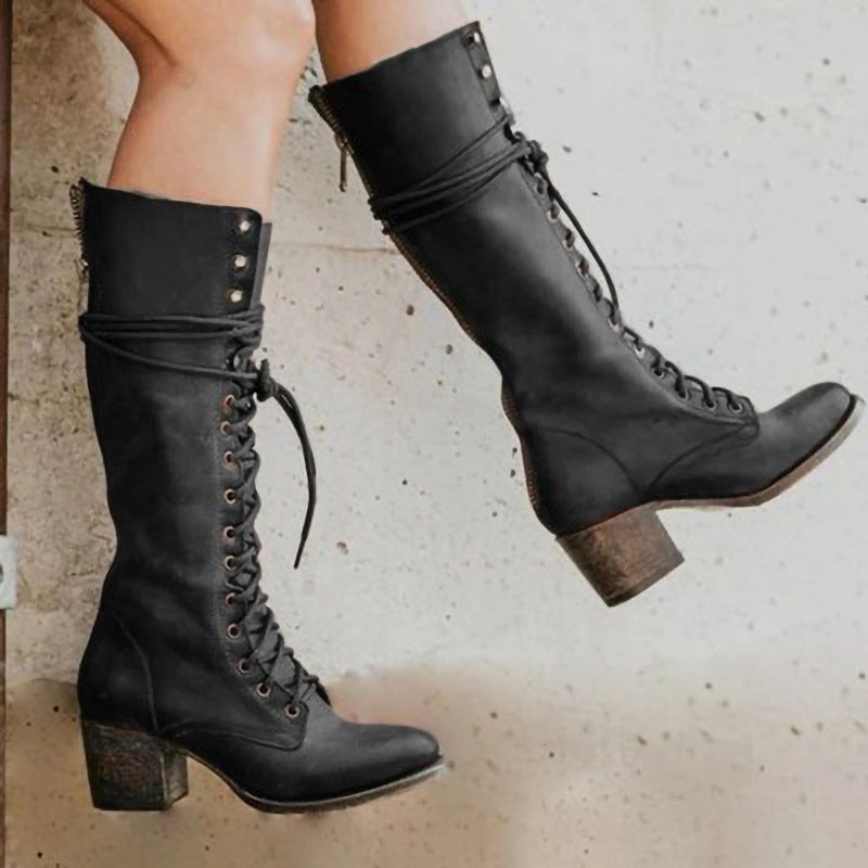 Maeve Women's Lace Up Block Heel Knee High Boots, view 1