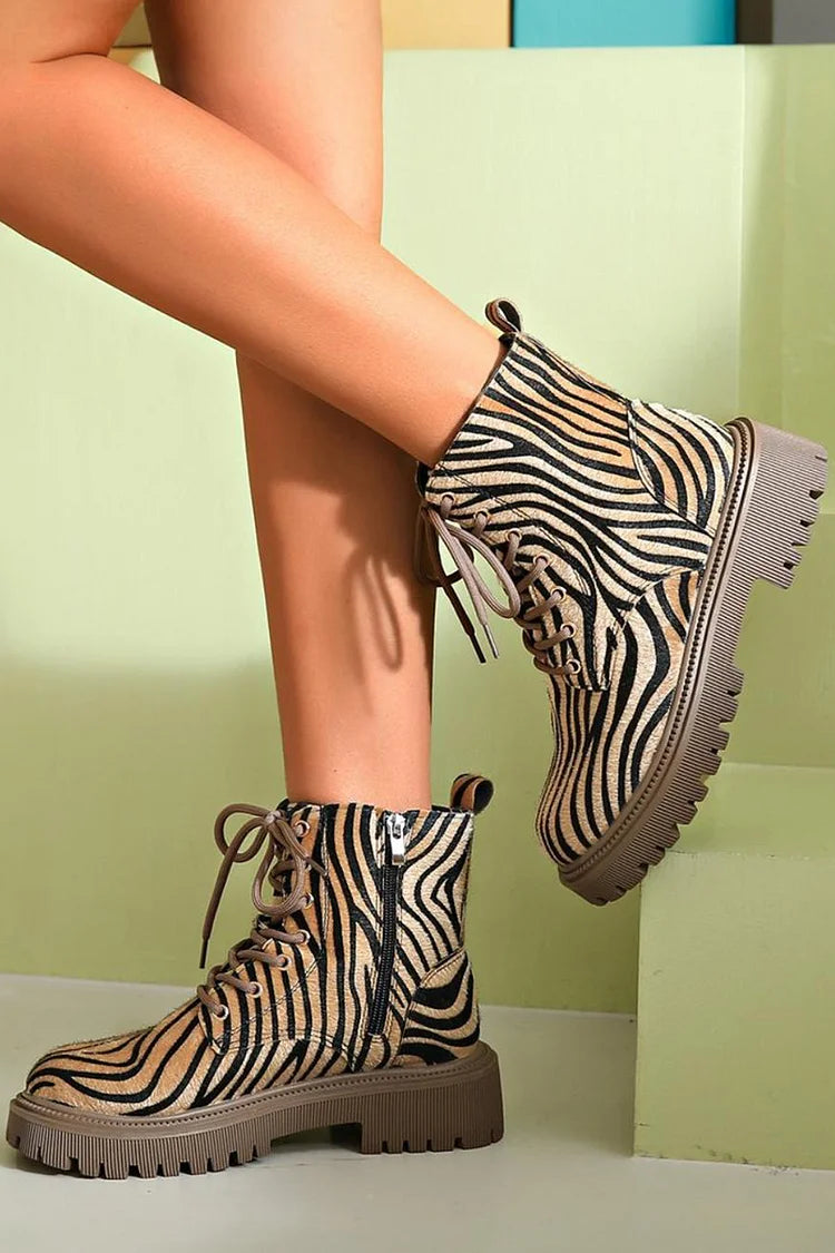 Cecily Women's Zebra Print Lace Up Chunky Sole Boots, view 4