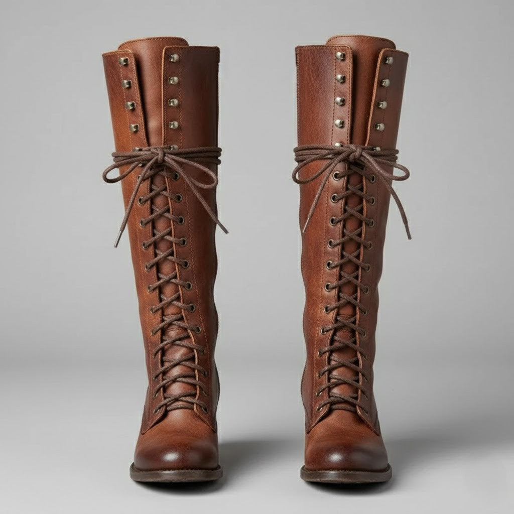 Iris Women's Lace Up Block Heel Knee High Boots, view 5