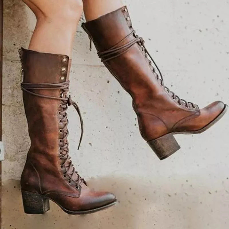 Maeve Women's Lace Up Block Heel Knee High Boots, view 3