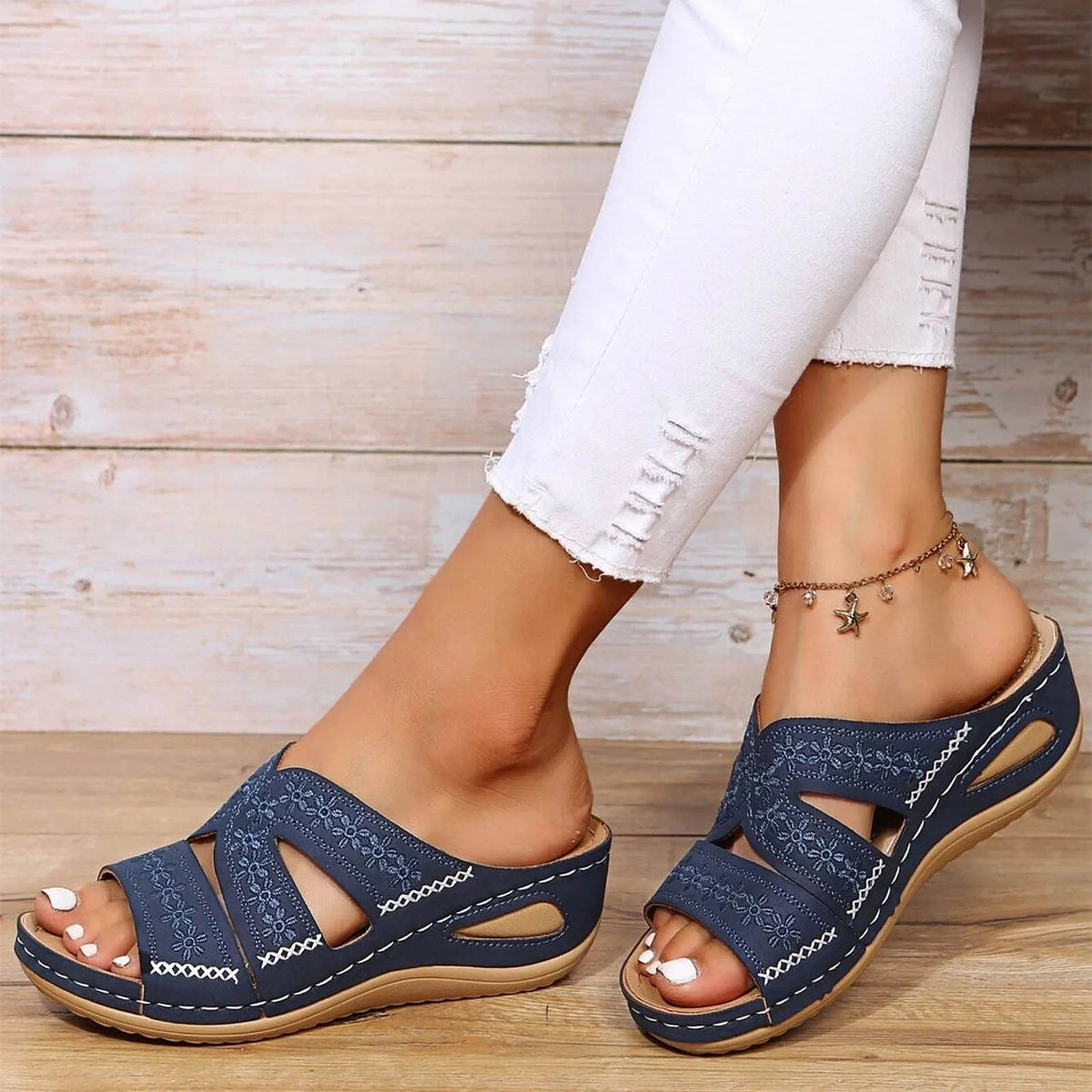 Adeline Women's Embroidered Cross Strap Buckle Sandals, view 2