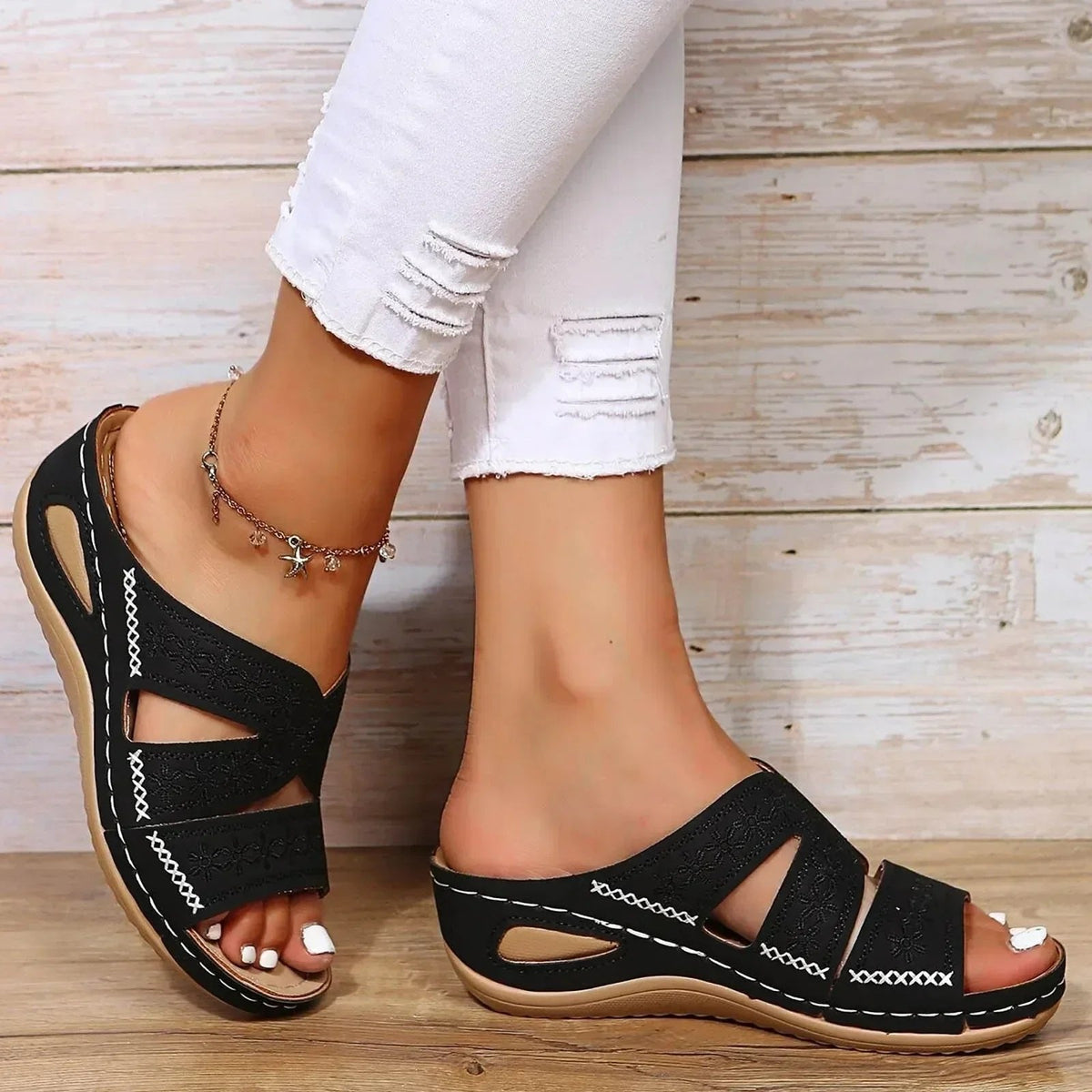 Adeline Women's Embroidered Cross Strap Buckle Sandals, view 6