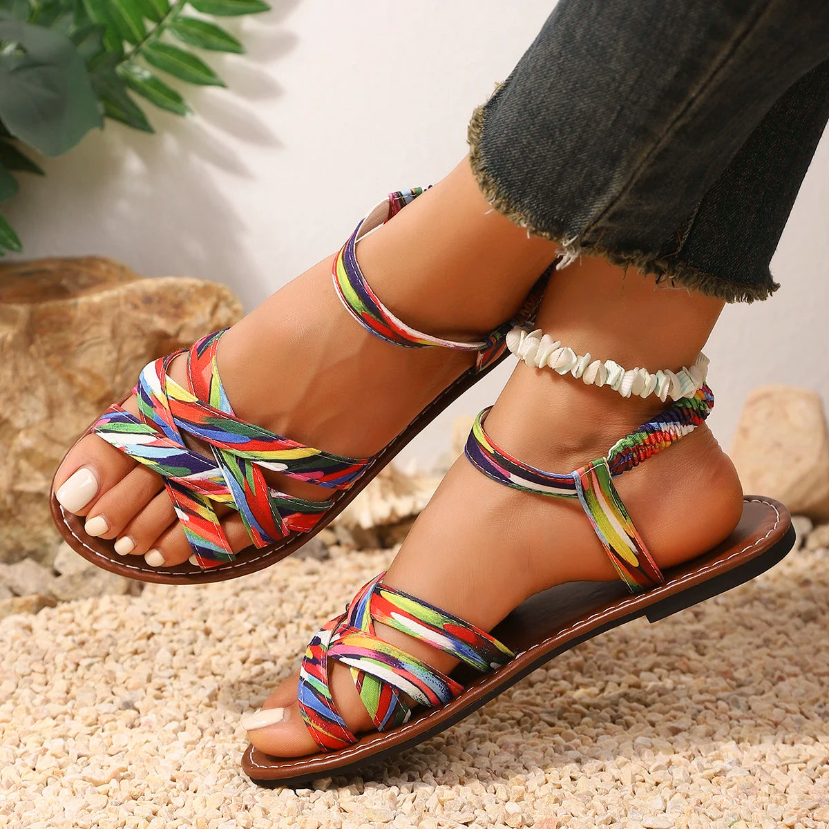 Annabel Women's Woven Criss Cross Strap Flat Sandals, view 5