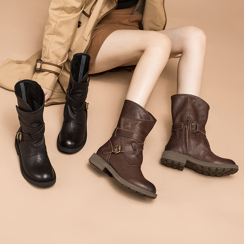 Beth Women's Buckle Leather Mid Calf Boots, view 1