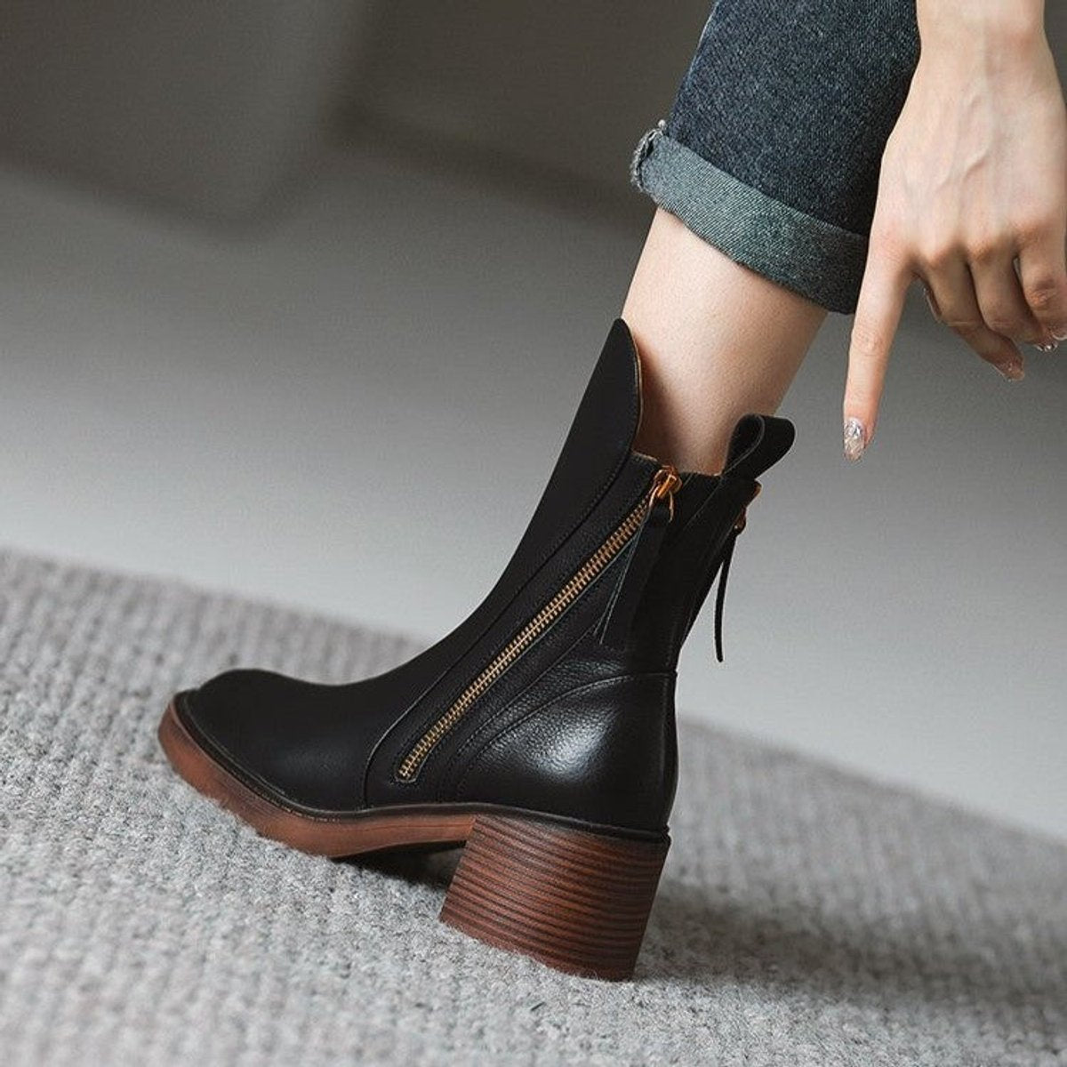 Daisy Women's Leather Side Zip Block Heel Ankle Boots, view 3