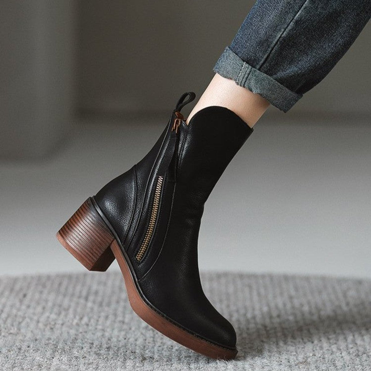 Daisy Women's Leather Side Zip Block Heel Ankle Boots, view 5