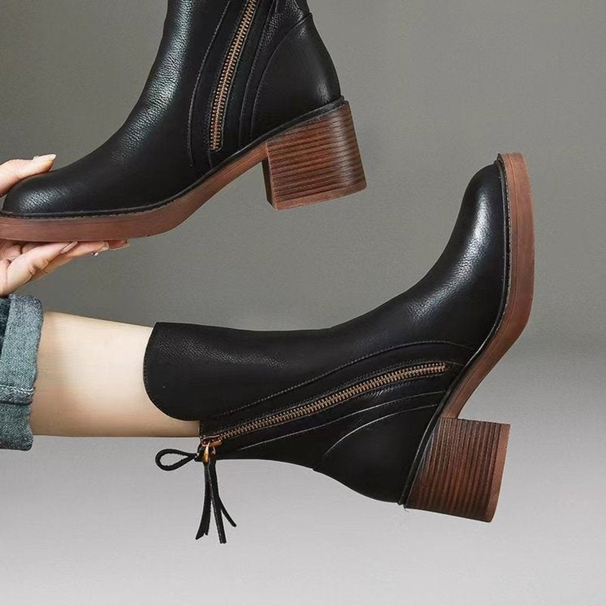 Daisy Women's Leather Side Zip Block Heel Ankle Boots, view 6