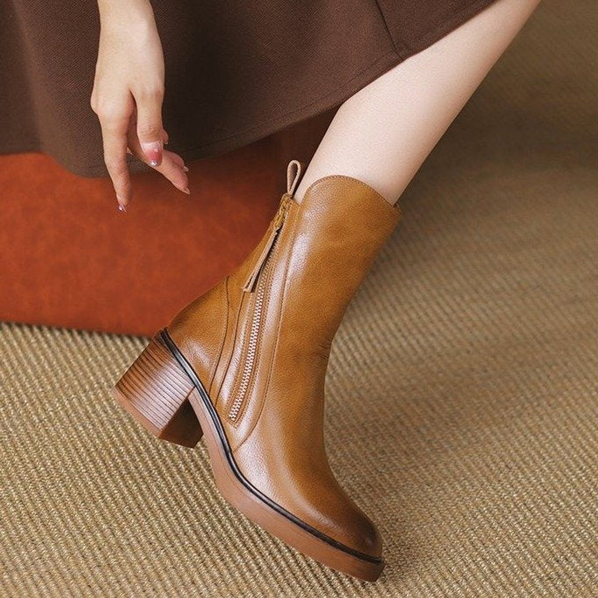 Daisy Women's Leather Side Zip Block Heel Ankle Boots, view 7