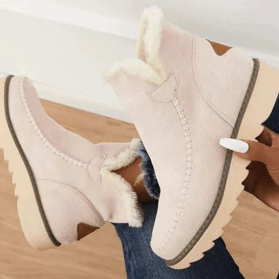 Maeve Women's Suede Finish Faux Fur Lined Slip On Ankle Boots, view 2