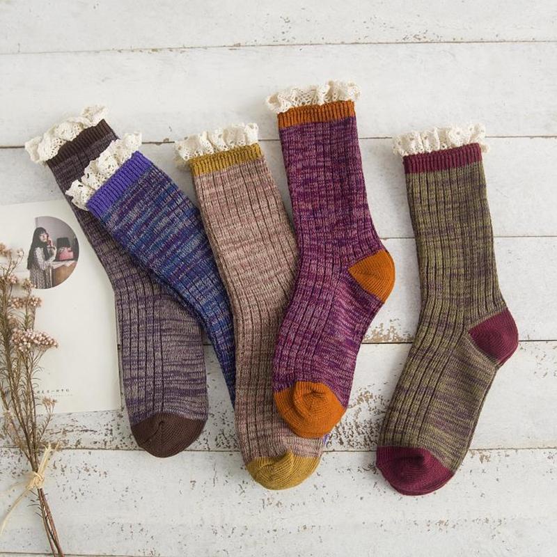 Gwen Women's Lace Cuff Calf Length Cotton Socks, view 7