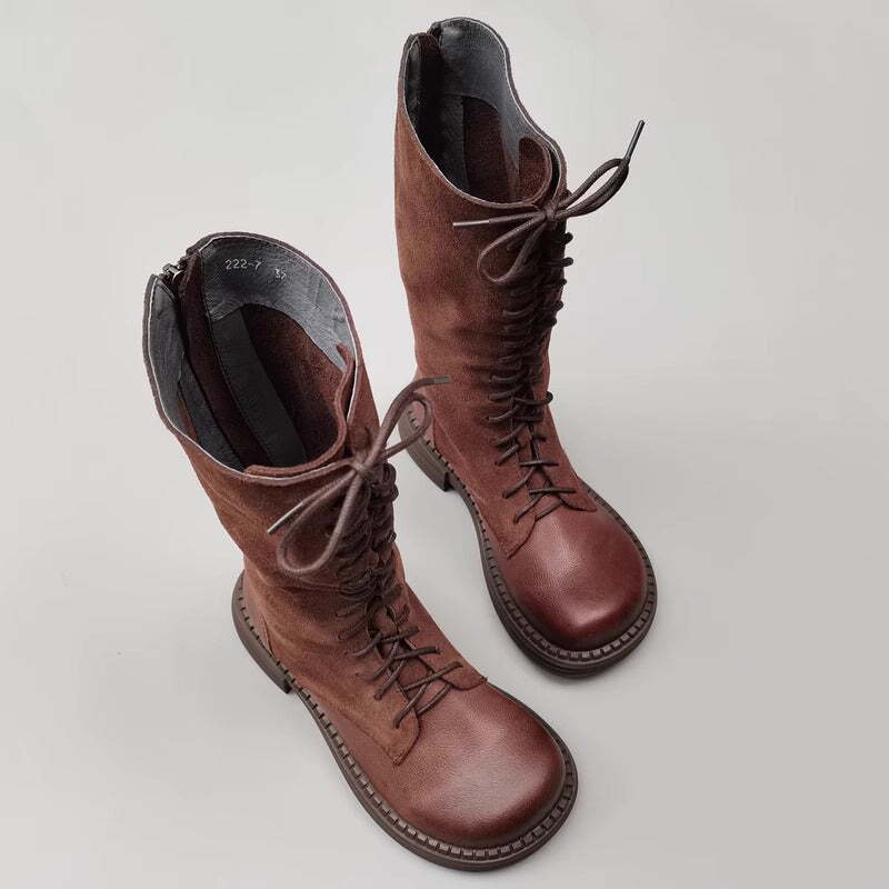 Ruth Women's Lace Up Nubuck Splicing Knee High Boots, view 5