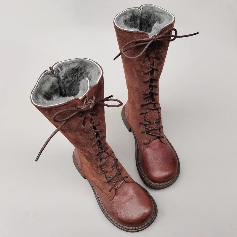 Ruth Women's Lace Up Nubuck Splicing Knee High Boots, view 1
