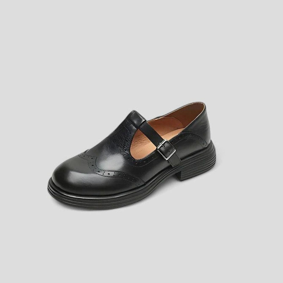 Pearl Women's Leather Brogue Buckle T Strap Round Toe Flat Shoes, view 7