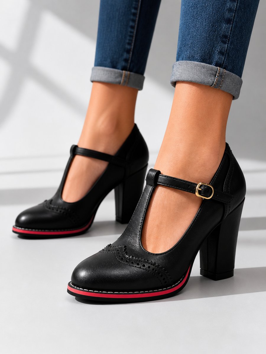 Poppy Women's Brogue T Bar Block Heel Leather Look Shoes, view 4