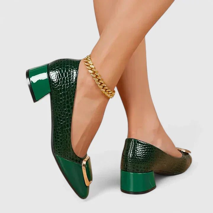 Blythe Women's Crocodile Embossed Chain Detail Block Heel Loafers, view 3