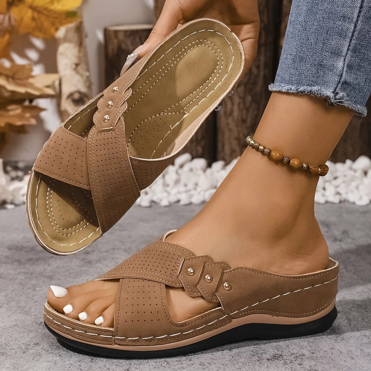 Cleo Women's Cross Strap Perforated Wedge Sandals, view 13