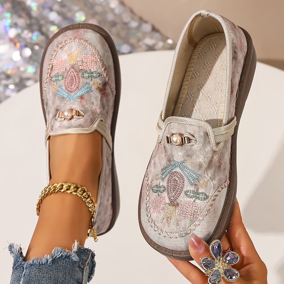 Harriet Women's Embroidered Floral Loafers, view 1