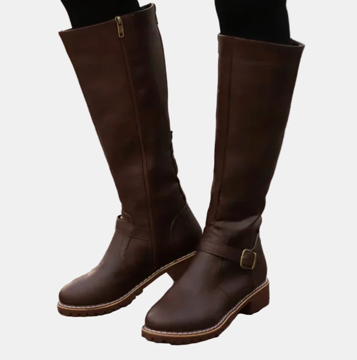 Nora Women's Faux Leather Buckle Low Block Heel Knee High Boots, view 3