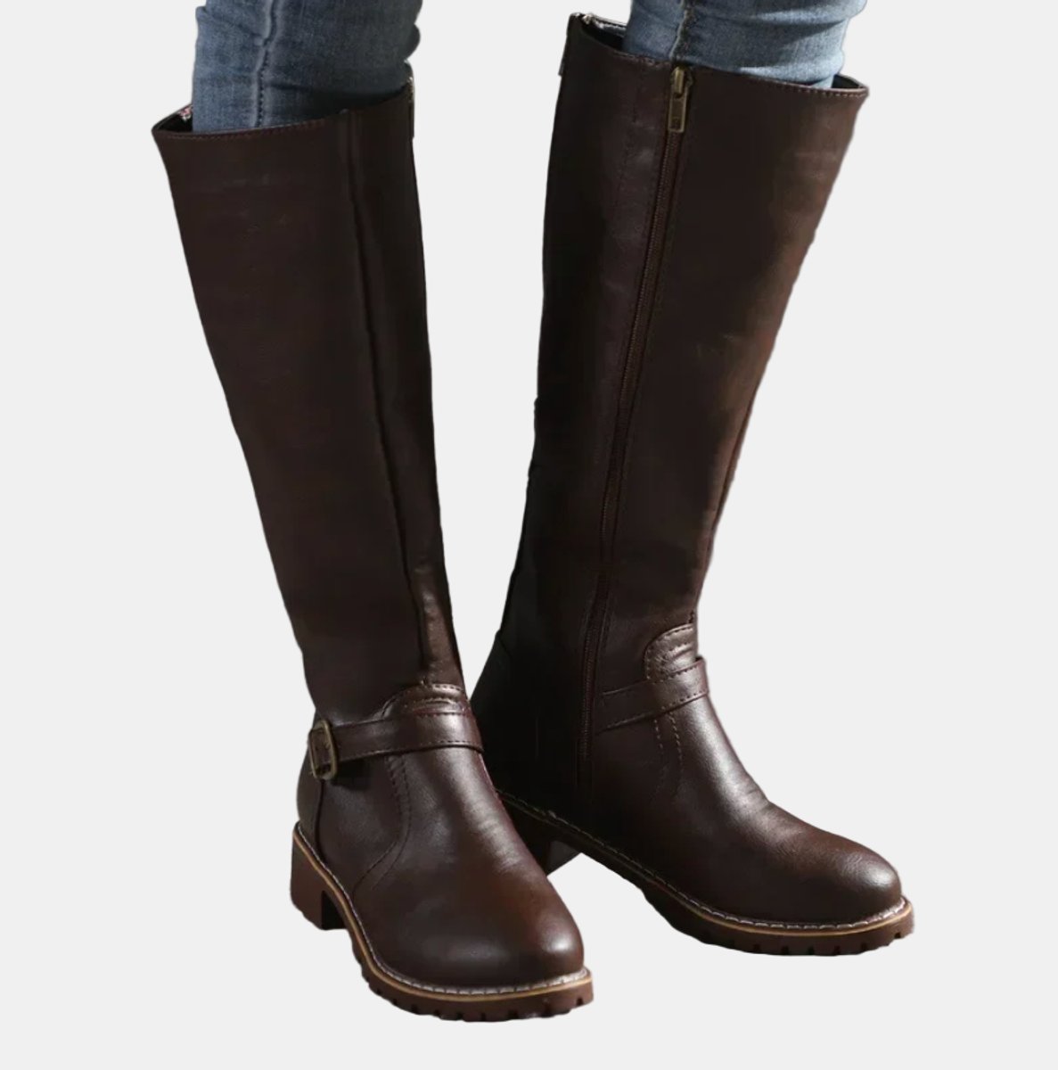 Nora Women's Faux Leather Buckle Low Block Heel Knee High Boots, view 6
