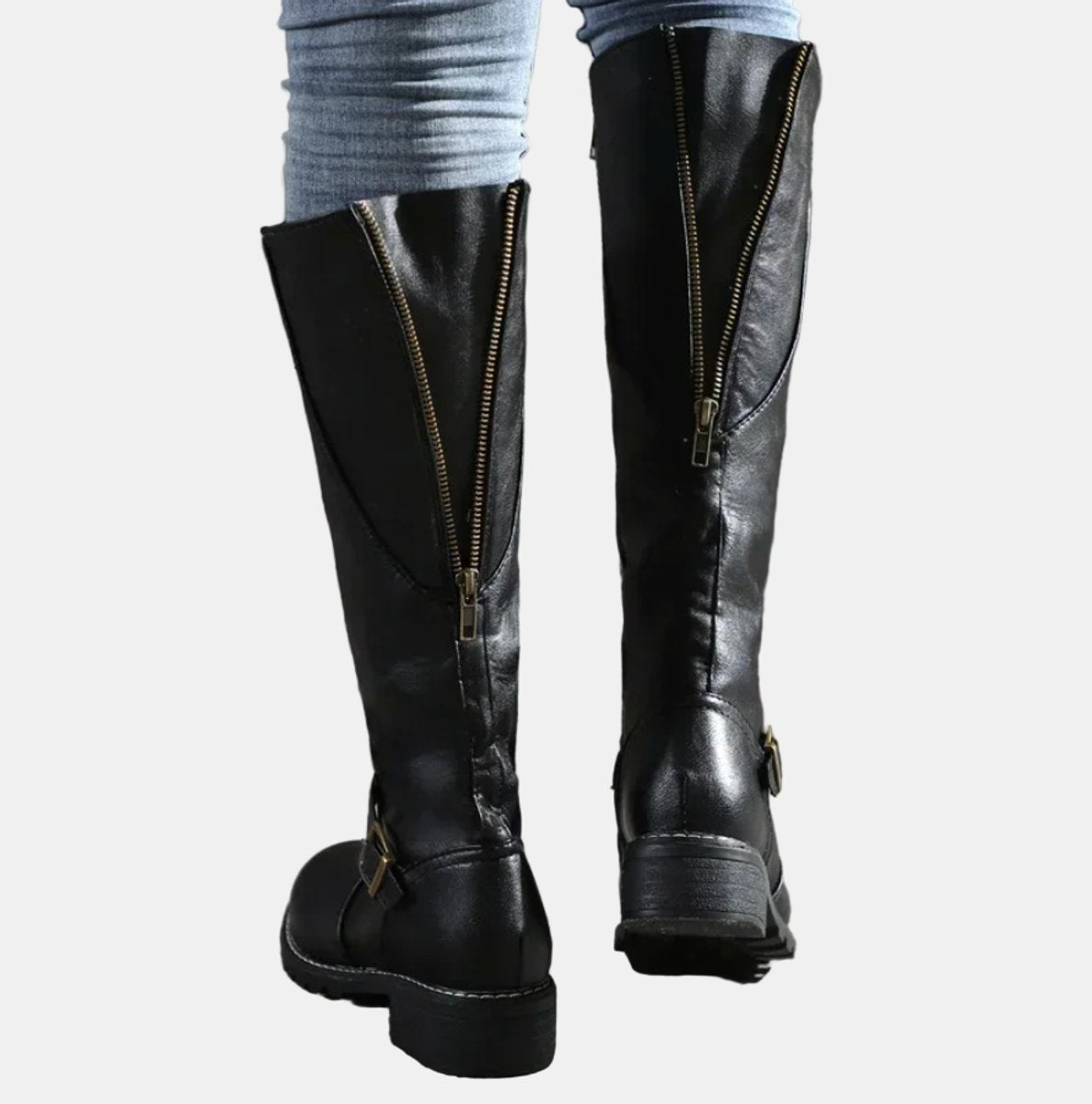 Nora Women's Faux Leather Buckle Low Block Heel Knee High Boots, view 8