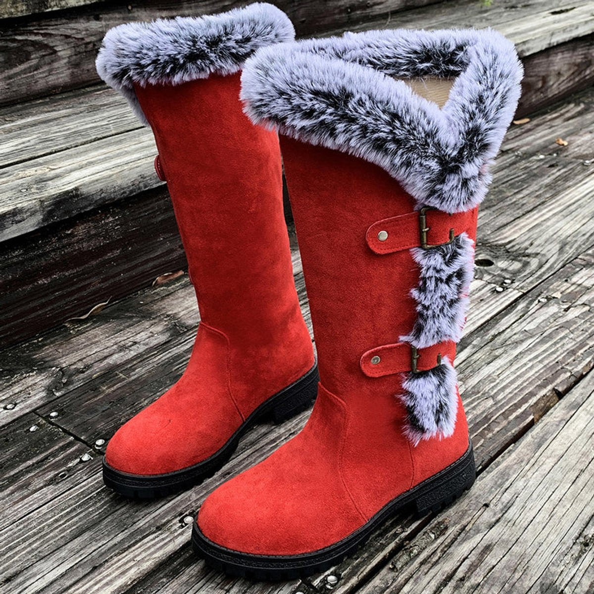 Wren Women's Faux Fur Trim Buckle Knee High Boots, view 11