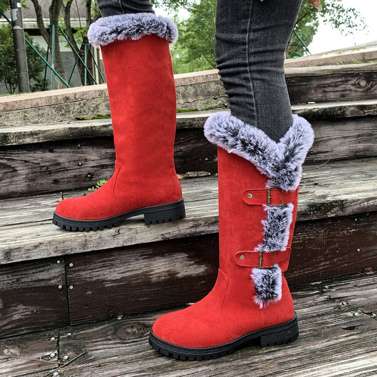 Wren Women's Faux Fur Trim Buckle Knee High Boots, view 2