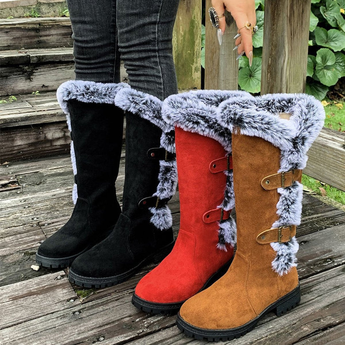 Wren Women's Faux Fur Trim Buckle Knee High Boots, view 6