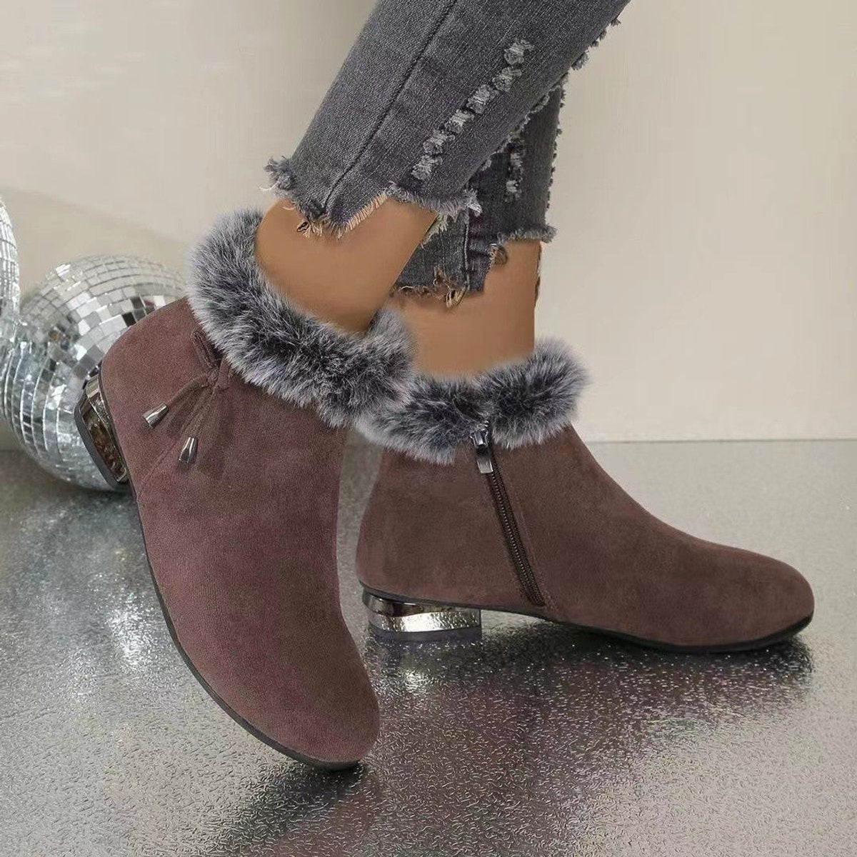 Maeve Women's Faux Fur Trim Flat Ankle Boots, view 4