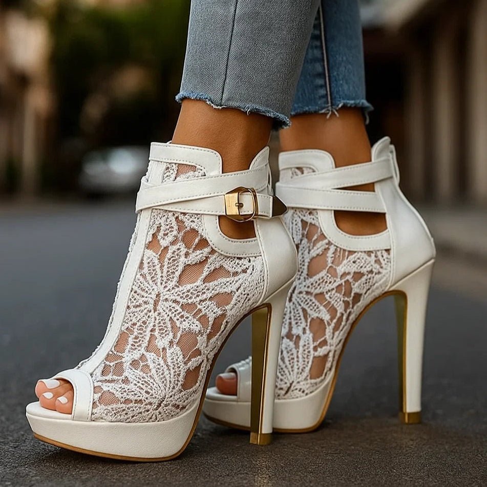 Blythe Women's Floral Lace Peep Toe Stiletto Ankle Strap Heels, view 1