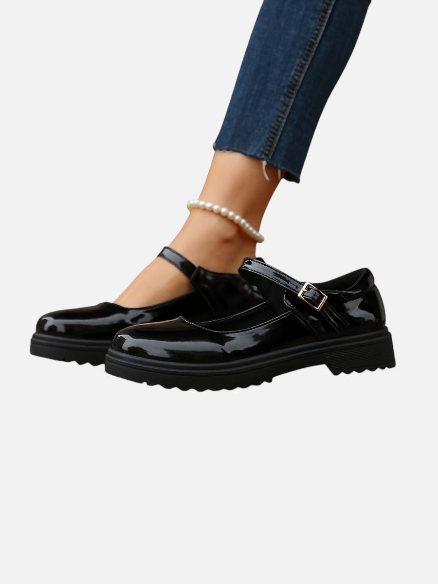 Willow Women's Patent Look Buckle Strap Flat Mary Jane Shoes, view 4