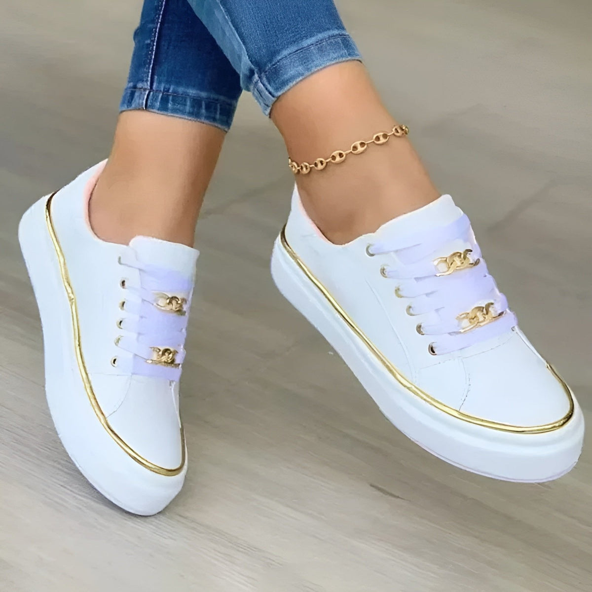 Margot Women's Low Top Lace Up Platform Gold Tone Trim Trainers, view 1