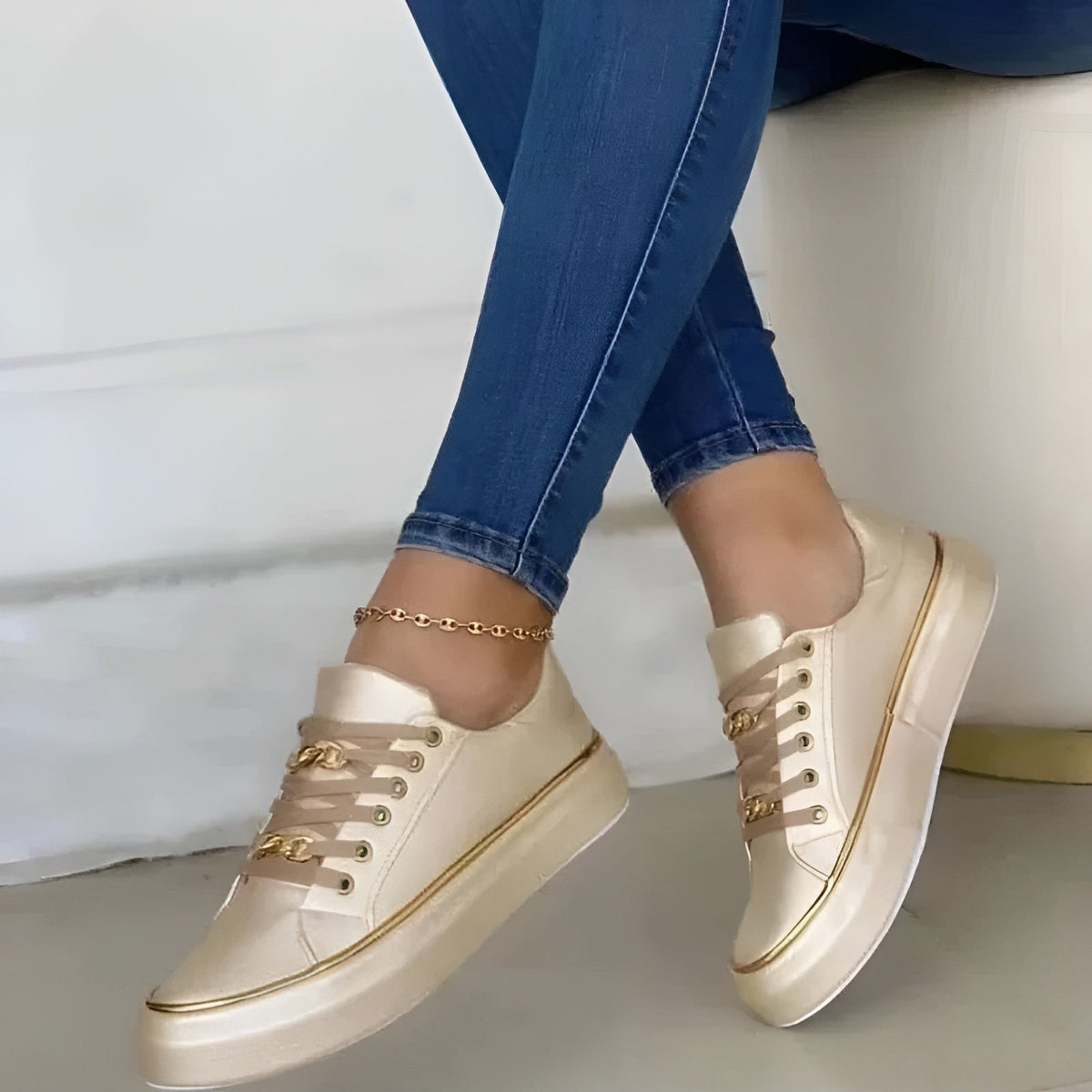 Margot Women's Low Top Lace Up Platform Gold Tone Trim Trainers, view 5