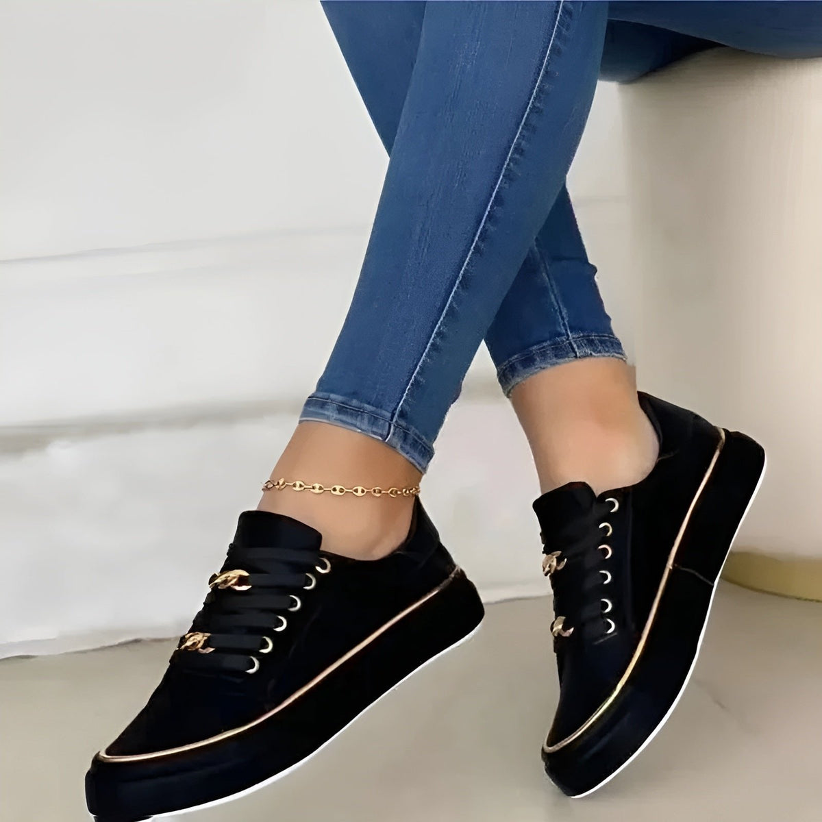 Margot Women's Low Top Lace Up Platform Gold Tone Trim Trainers, view 6