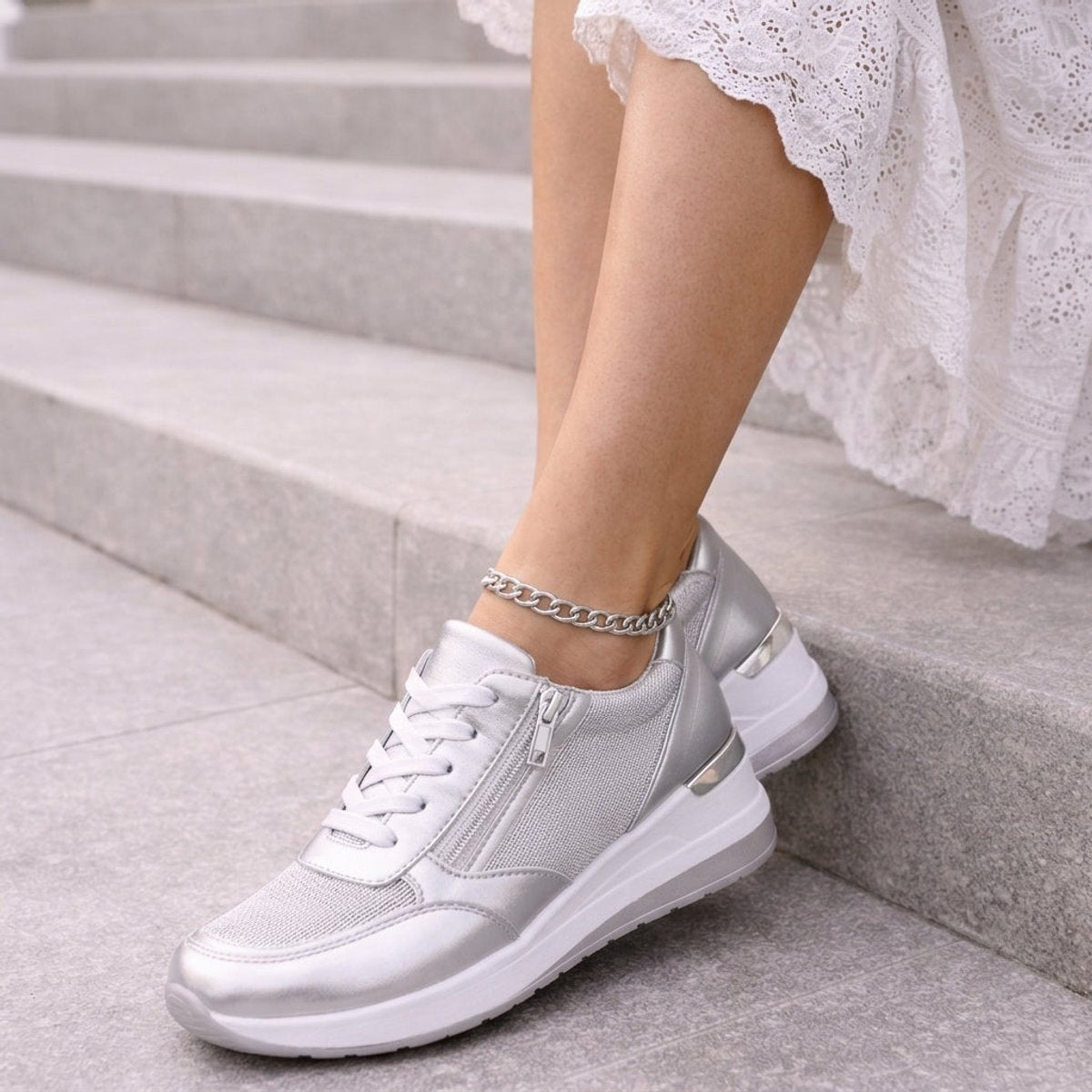 Blythe Women's Metallic Lace Up Wedge Platform Trainers, view 2