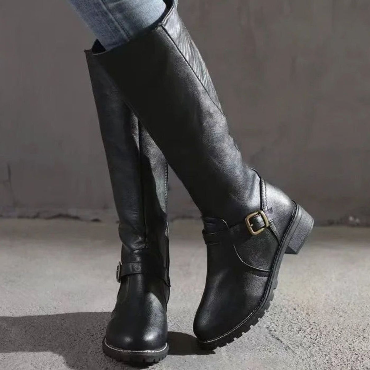 Blythe Women's Leather Buckle Strap Low Block Heel Knee High Boots, view 1