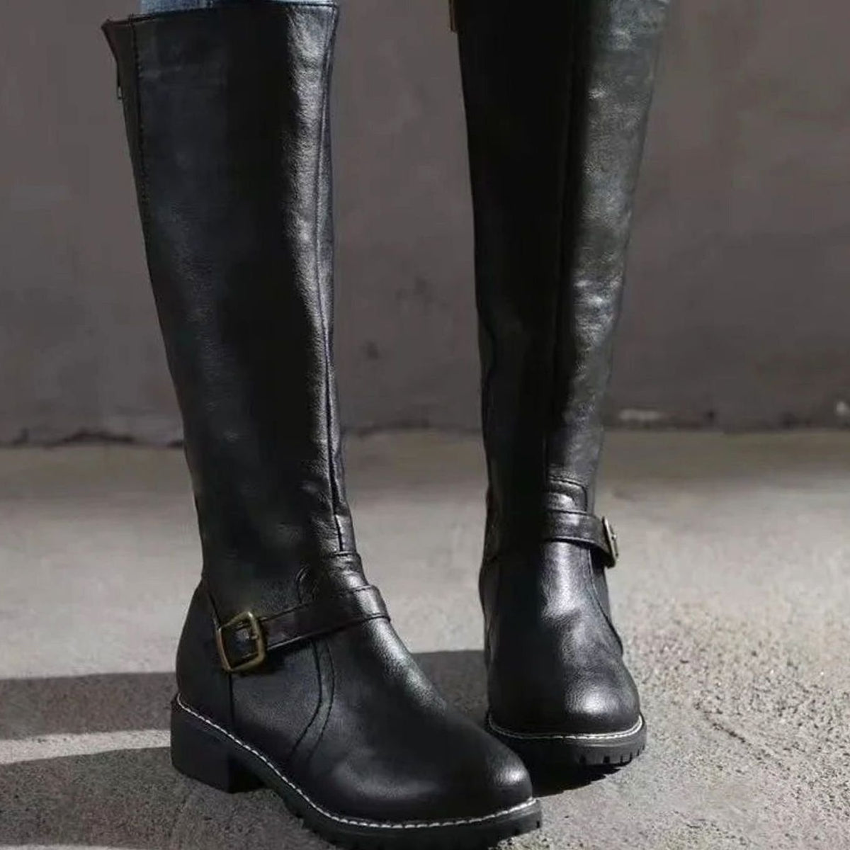 Blythe Women's Leather Buckle Strap Low Block Heel Knee High Boots, view 7