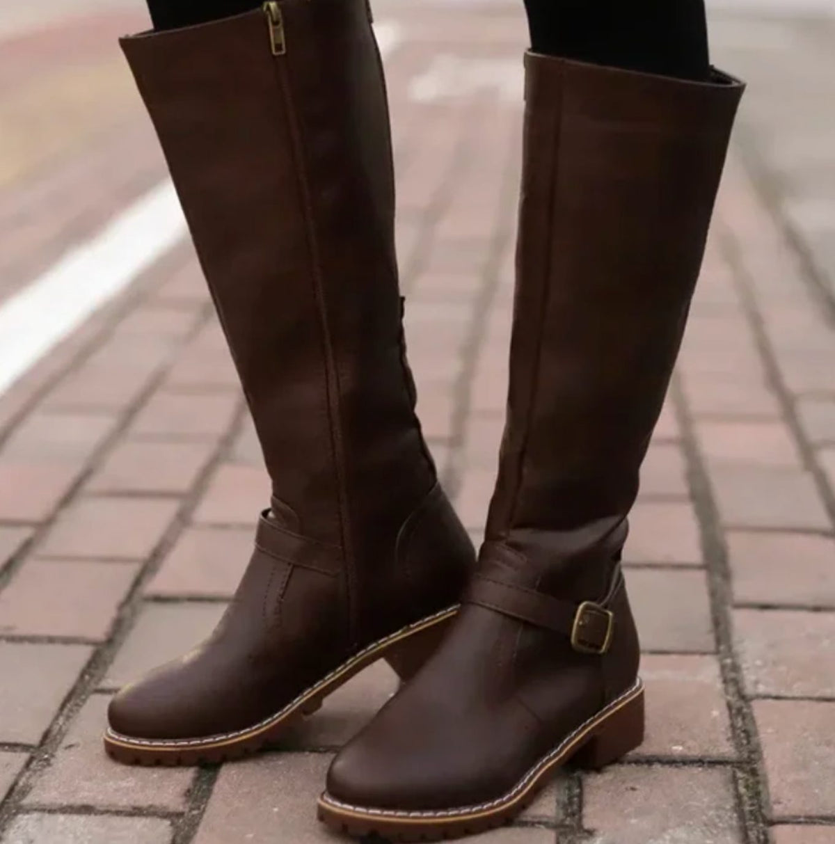 Maeve Women's Leather Buckle Strap Knee High Boots, view 3