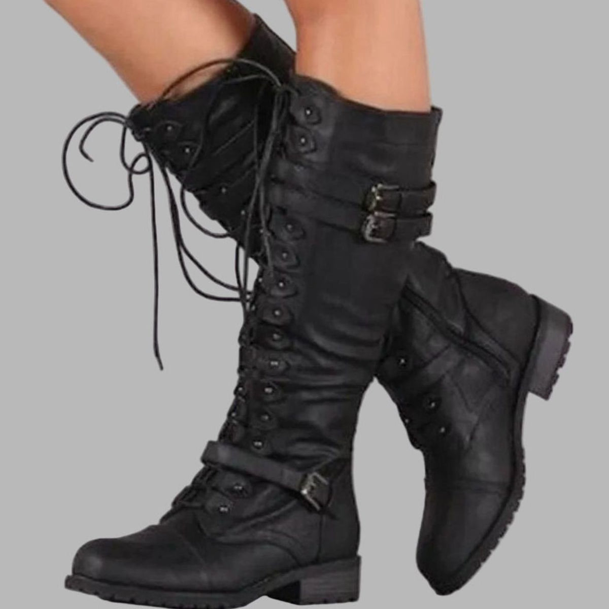 Imogen Women's Faux Leather Lace Up Double Buckle Knee High Boots, view 1