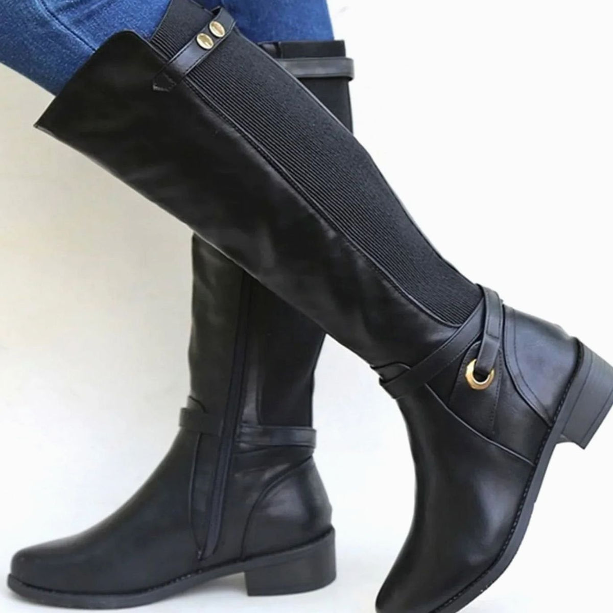 Harriet Women's Leather Elastic Panel Low Block Heel Knee High Boots, view 1