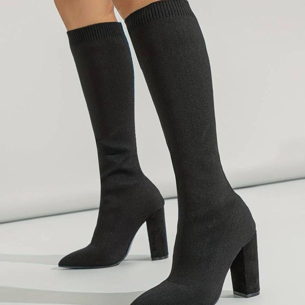 Pearl Women's Ribbed Knit Sock Style Block Heel Knee High Boots, view 3