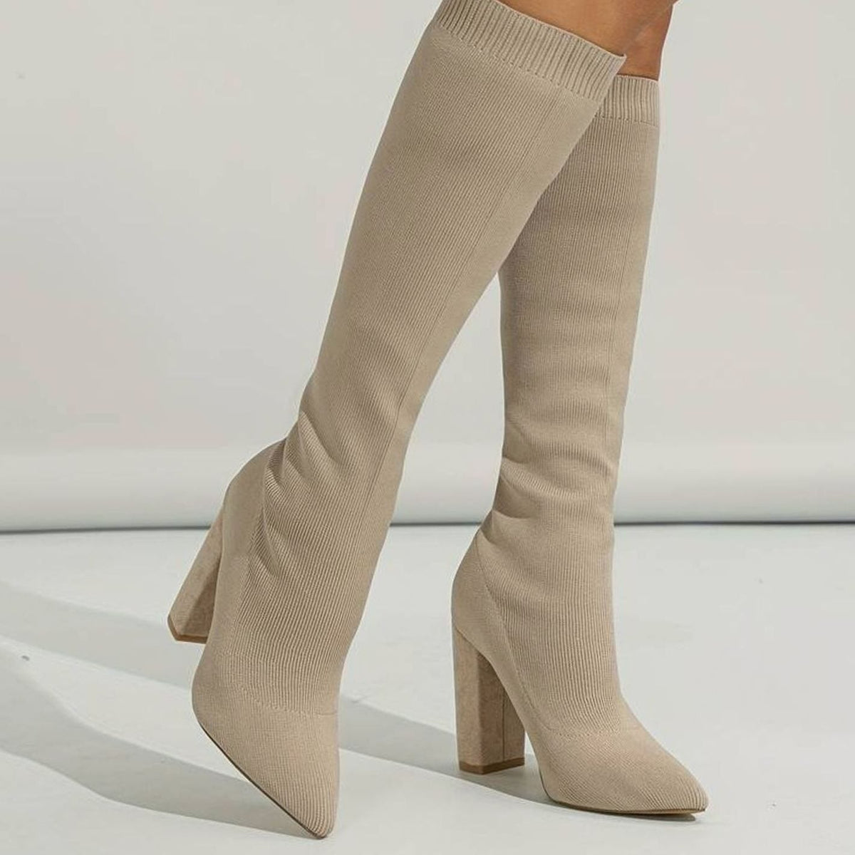 Pearl Women's Ribbed Knit Sock Style Block Heel Knee High Boots, view 8