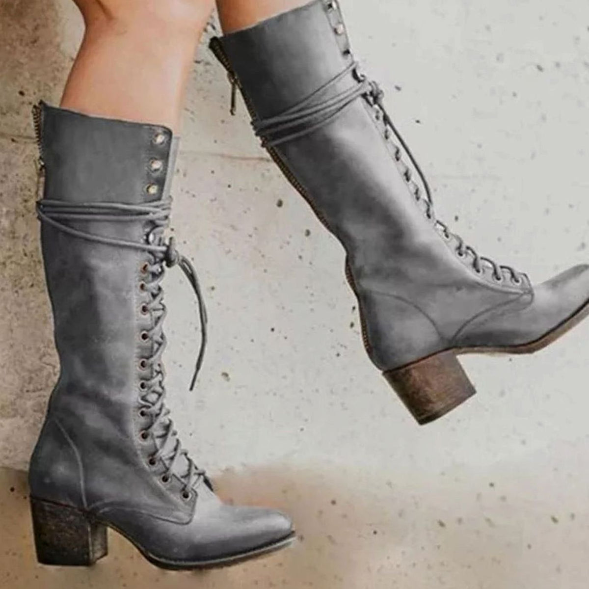 Esme Women's Faux Leather Lace Up Block Heel Knee High Boots, view 2