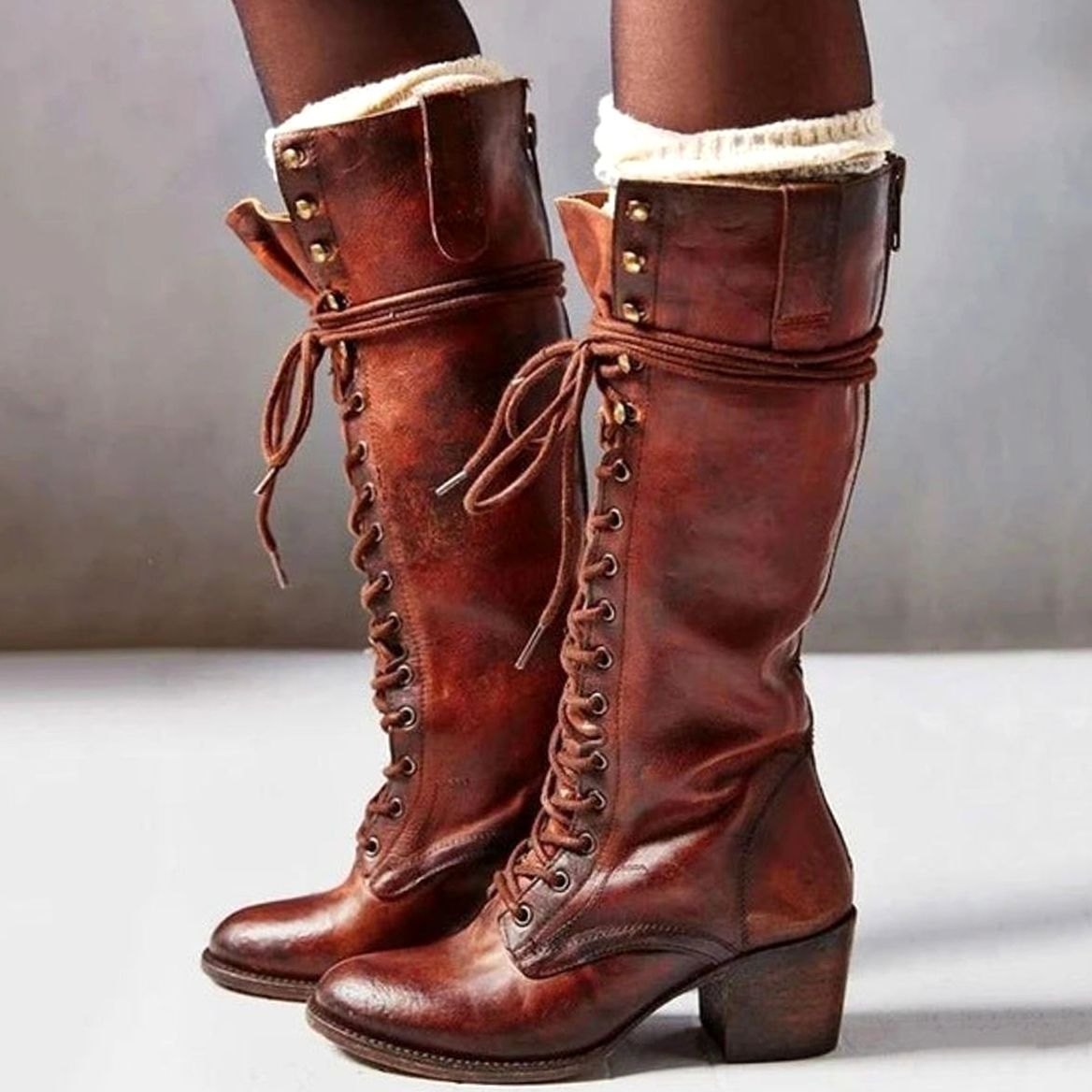 Esme Women's Faux Leather Lace Up Block Heel Knee High Boots, view 4