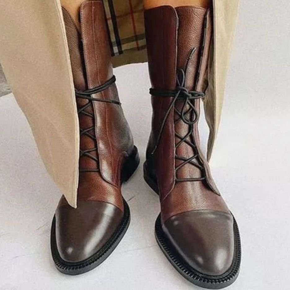 Wren Women's Leather Cap Toe Lace Up Flat Ankle Boots, view 11