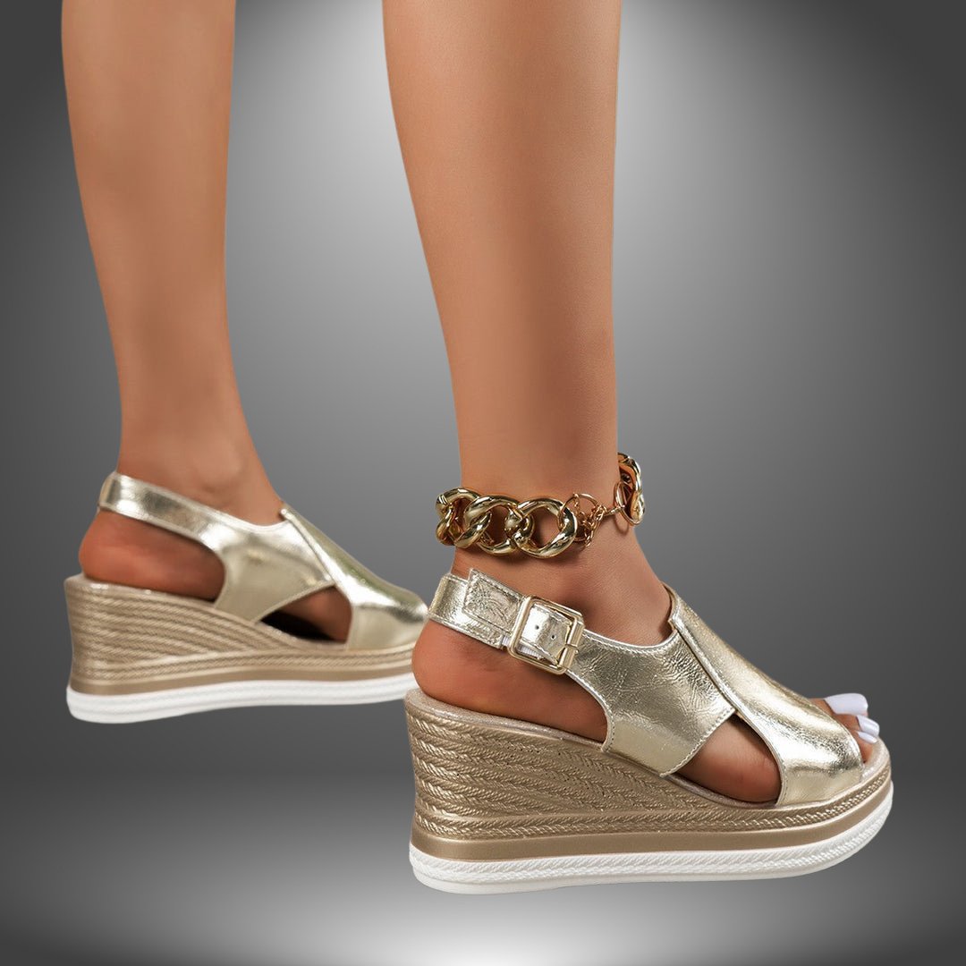 Nora Women's Metallic Faux Leather Open Toe Platform Wedge Sandals, view 4