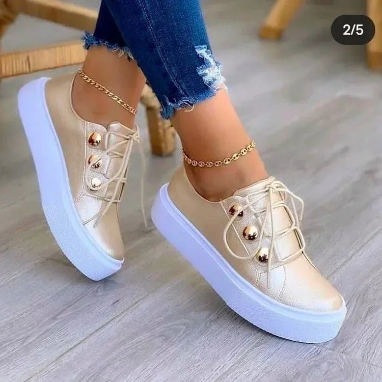 Poppy Women's Faux Leather Platform Lace Up Gold Stud Trainers, view 4