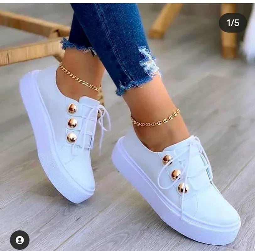 Poppy Women's Faux Leather Platform Lace Up Gold Stud Trainers, view 6