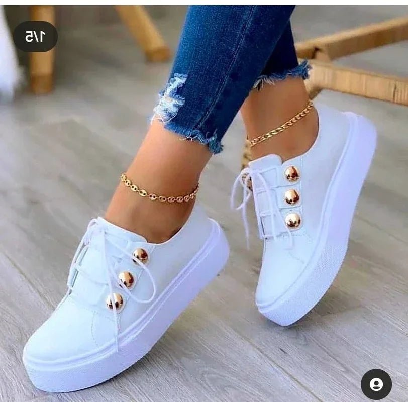 Poppy Women's Faux Leather Platform Lace Up Gold Stud Trainers, view 7