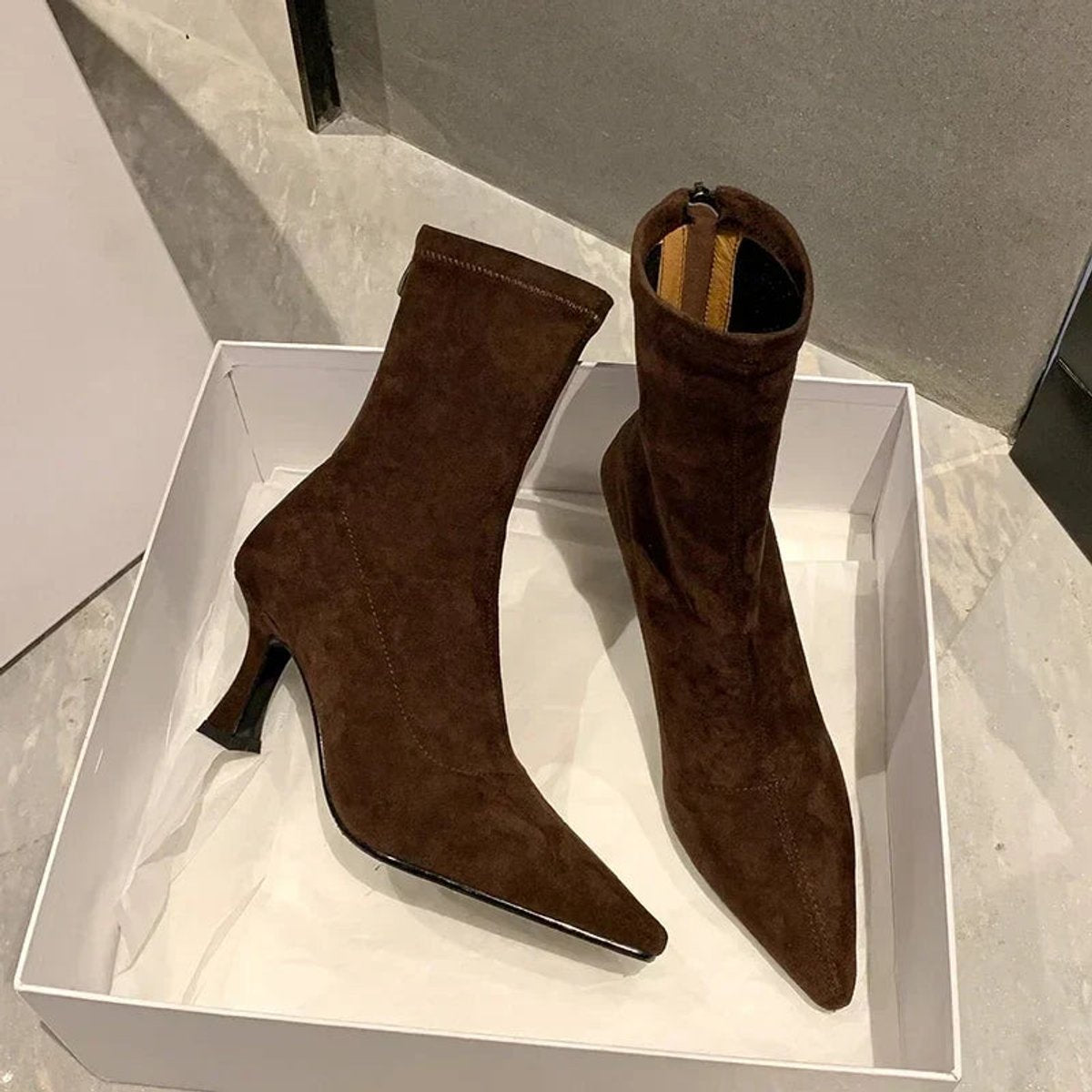 Cleo Women's Pointed Toe Kitten Heel Sock Ankle Boots, view 3